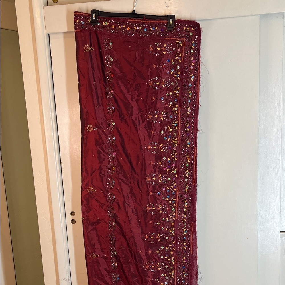 Source Unknown large Burgundy beaded Embellished Scarf Sari wrap